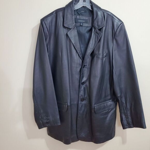 Claiborne Longer Coat Men 1X Black Lambskin Leather Jacket 4 Button Lined Blazer